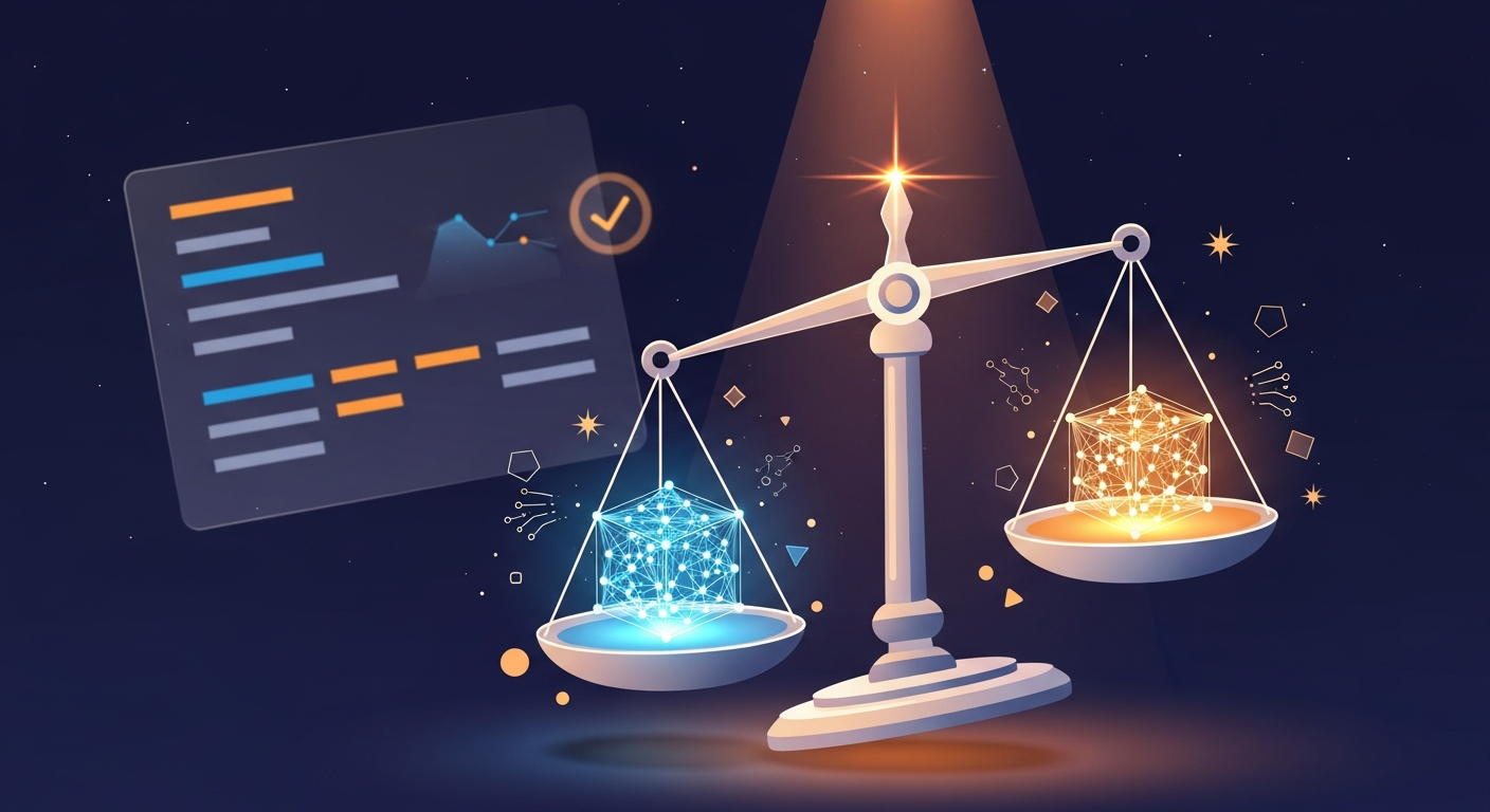 AiJudgements.com — AI evaluation balance-scale concept art
